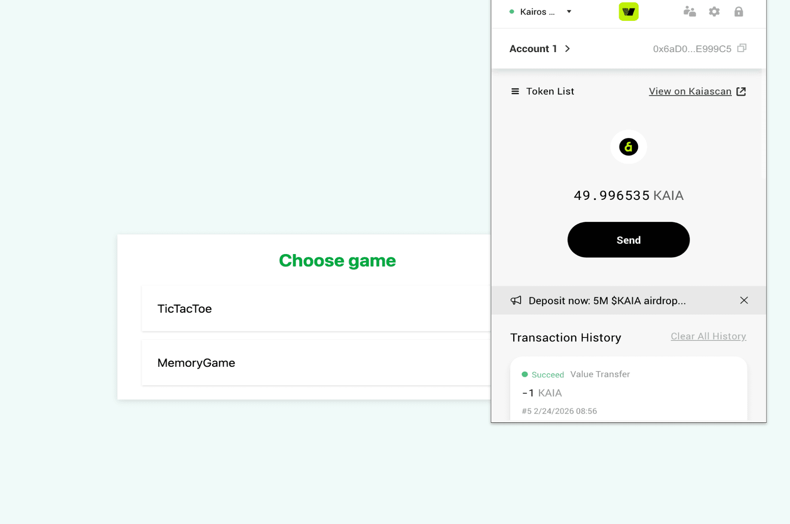 Game selection screen (Tetris and MemoryGame) alongside a connected wallet interface displaying KAKA balance and transaction history