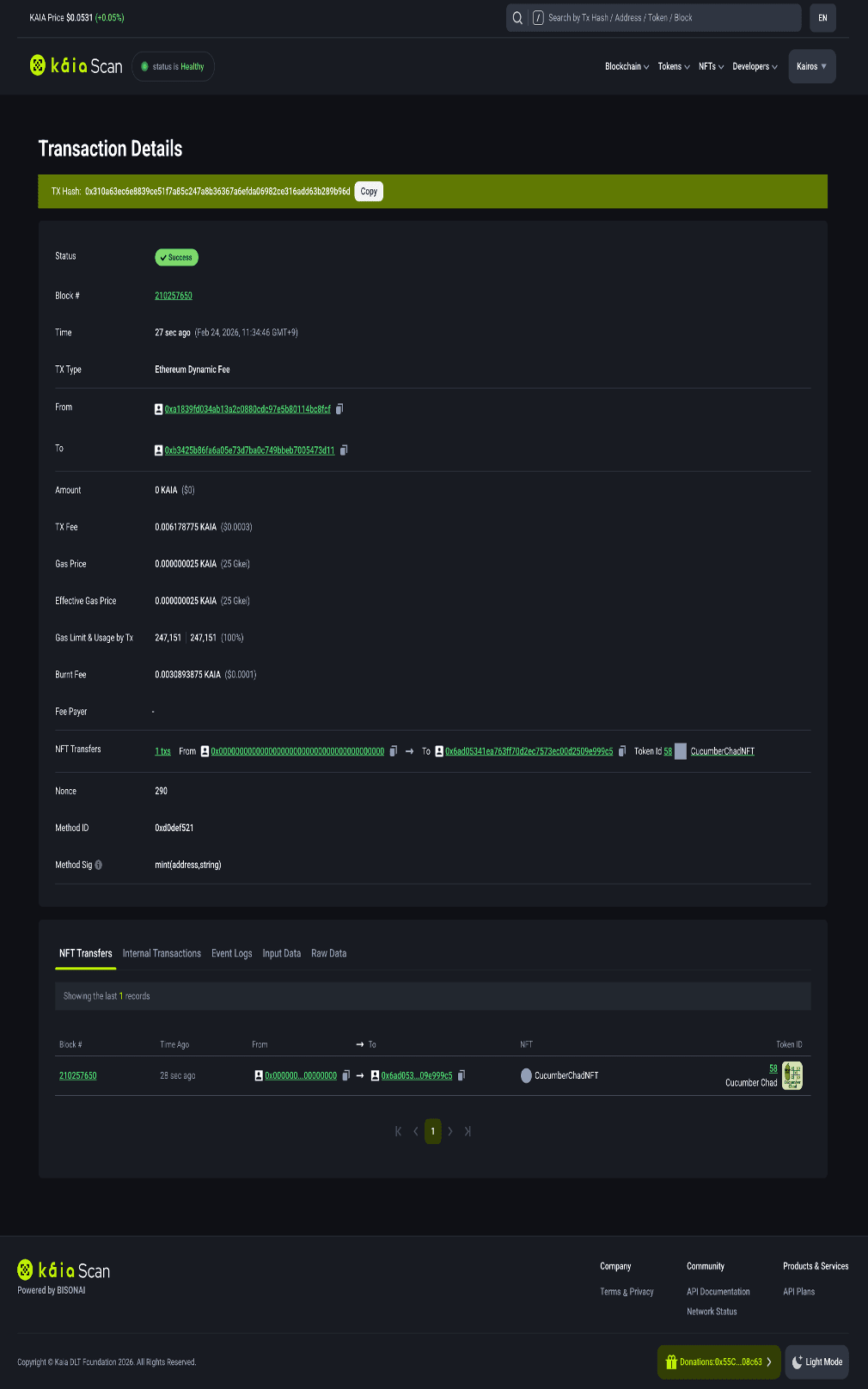 KaiaScan transaction detail page showing sender and recipient addresses, token transfer data, block number, and transaction fee information