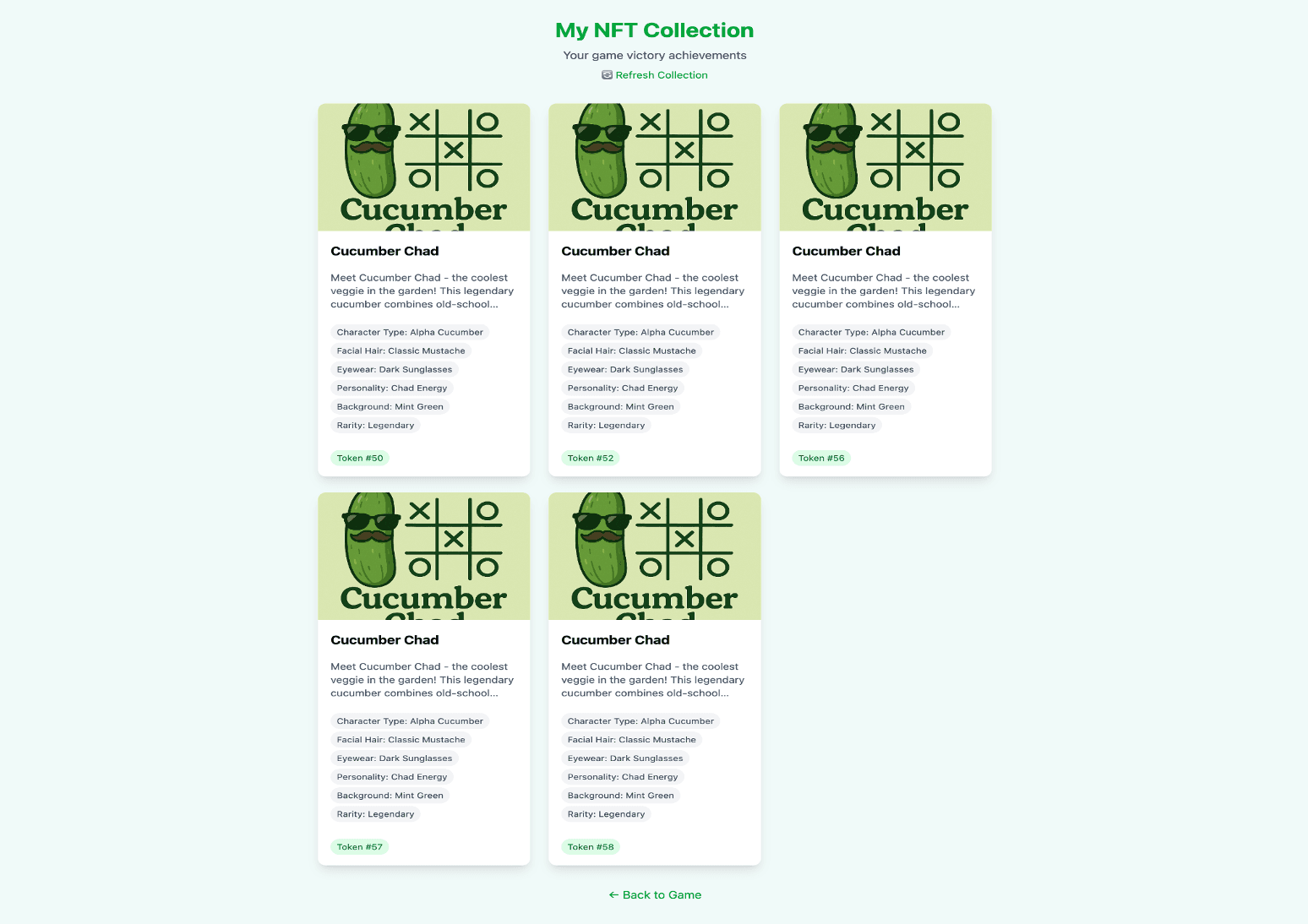 “My NFT Collection” screen displaying multiple cucumber-themed NFT cards with titles, descriptions, and detail links