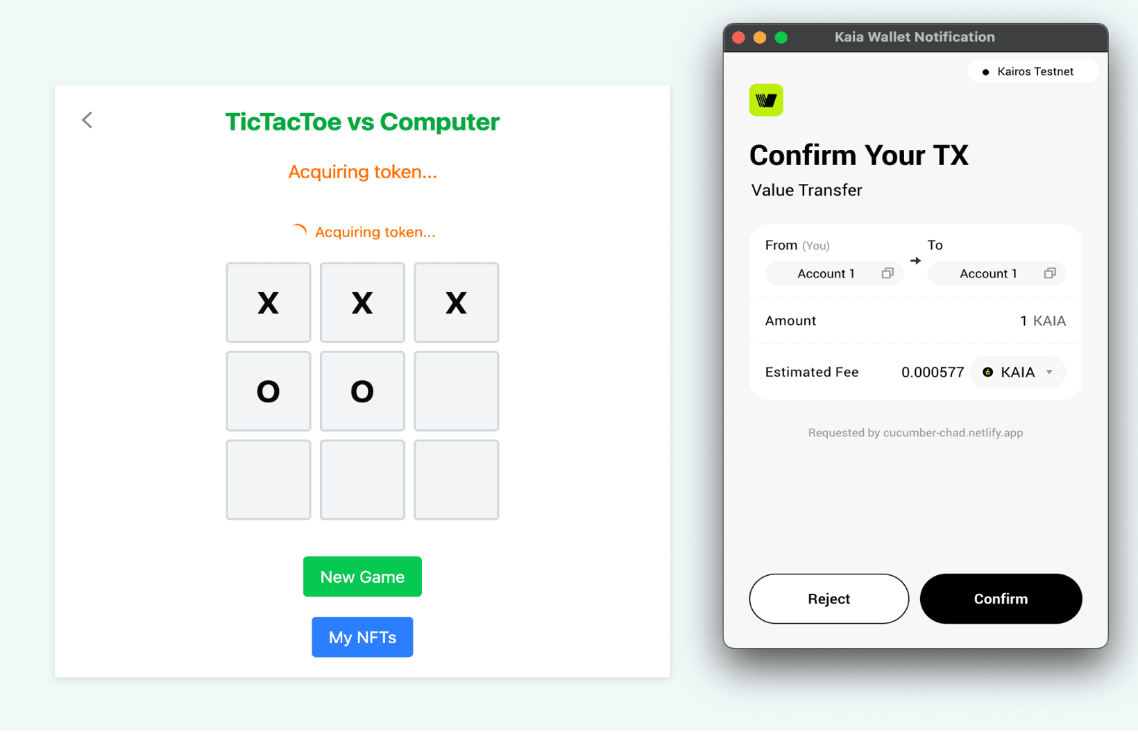 TicTacToe対戦画面と、NFTミント実行時にウォレットでトランザクション承認を確認するポップアップ画面
