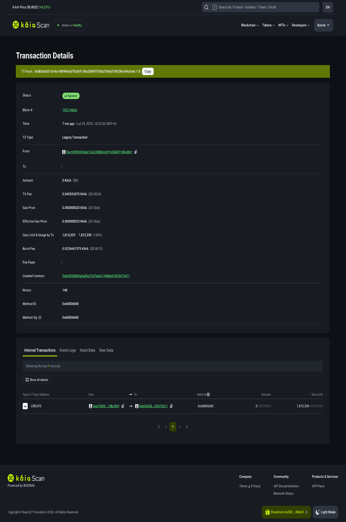 KaiaScanのトランザクション詳細ページで、NFTミントに関するステータス、送受信アドレス、ブロック情報、ガス代を表示している画面