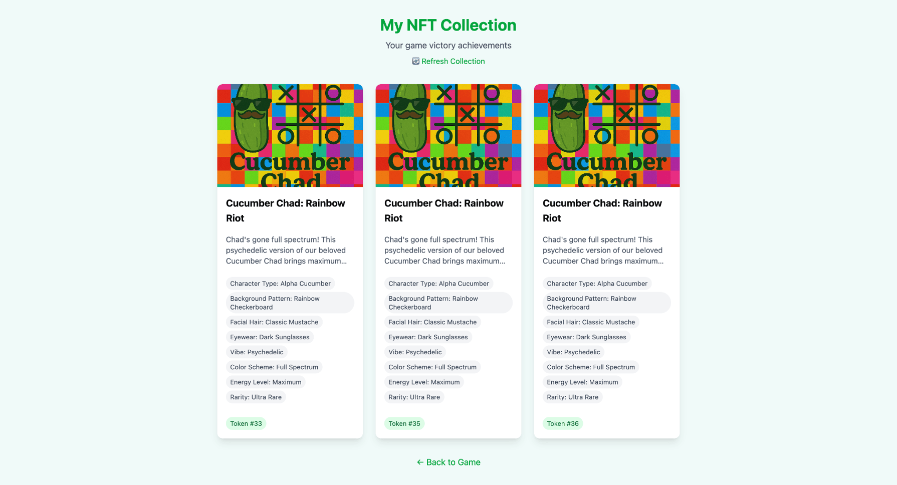 「My NFT Collection」画面で、カラフルな背景のCucumber Chef Rainbow NFTカード（名称・説明・属性情報付き）を一覧表示しているUI
