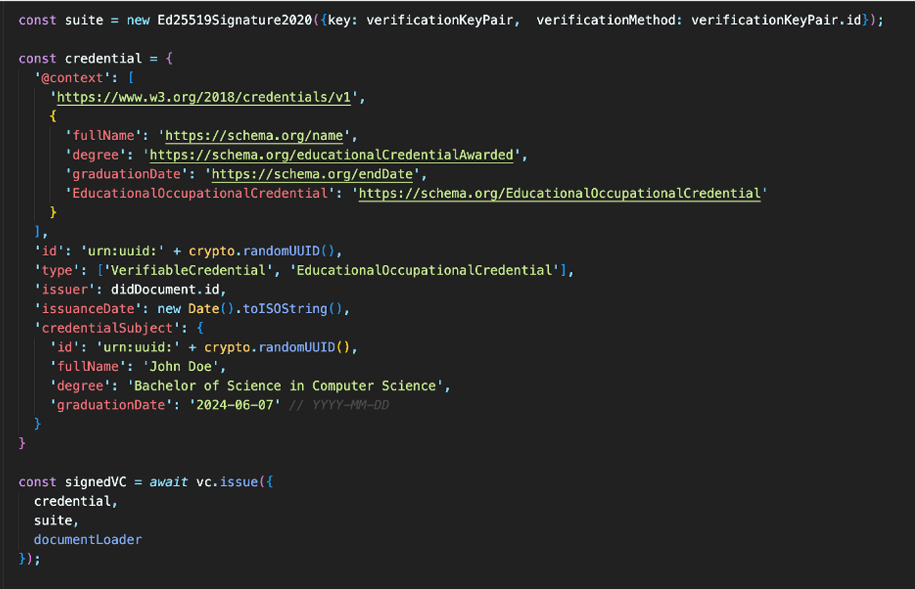JavaScript code example showing creation and signing of a Verifiable Credential (degree certificate) using Ed25519Signature2020, defining the @context, issuer, credentialSubject, issuance date, and generating a signed VC with vc.issue()