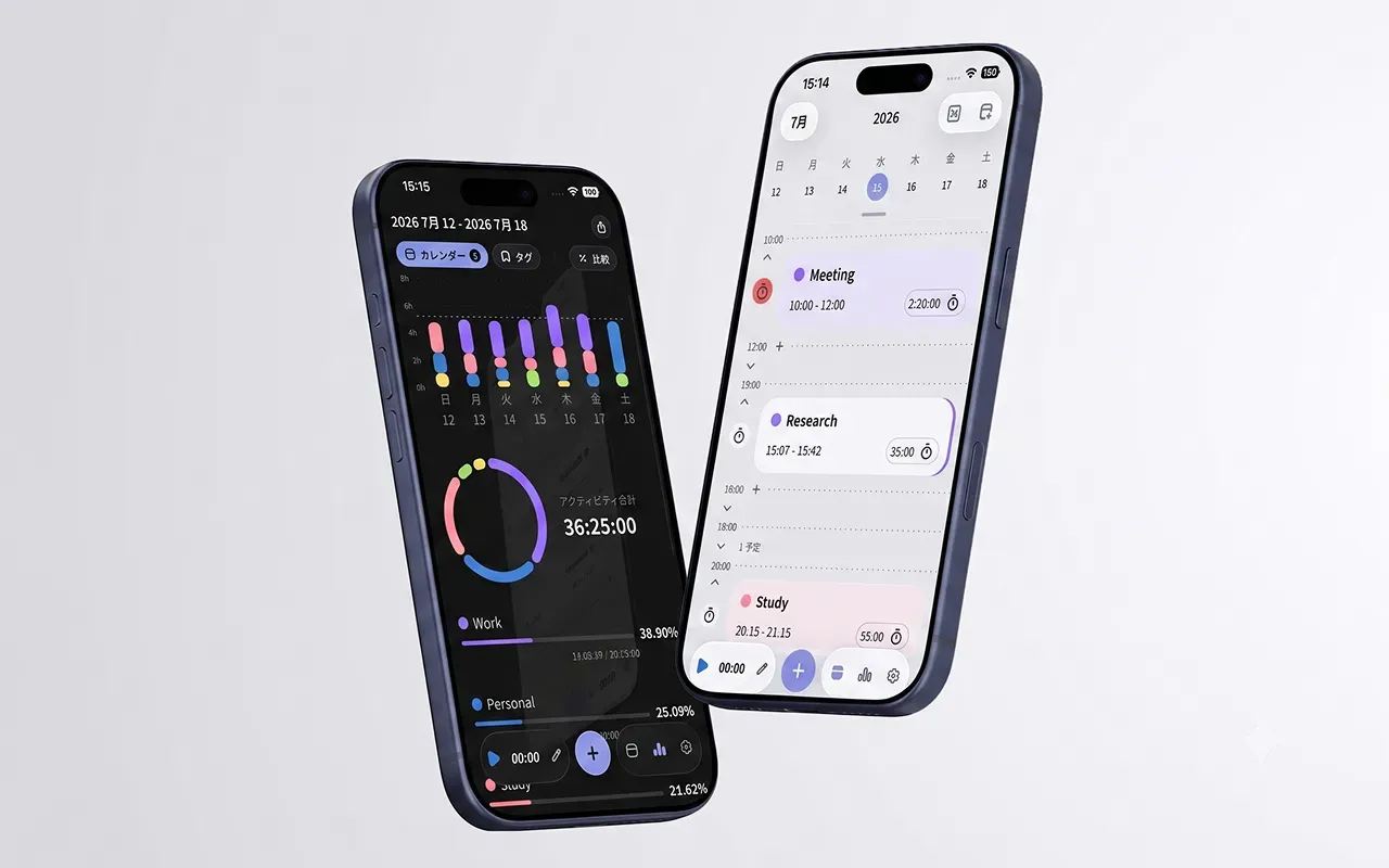 スマートフォンに表示された「clockme」のモバイル版画面。ダークモードでの分析グラフやアクティビティ集計画面と、ライトモードでの予定・タスクのタイムライン表示を同時に確認できるモバイルUI。